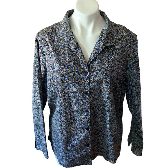 Blue, Green, and Black Floral Cotton Buttoned Down Blouse - Picture 1 of 7